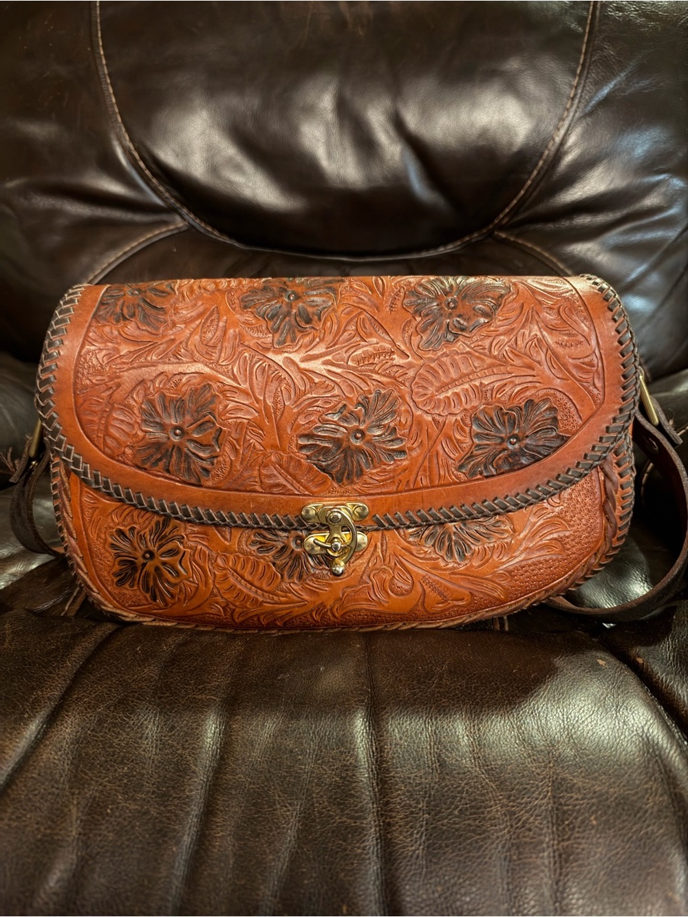 Hand-Tooled Floral Leather Crossbody Bag in Cognac Brown